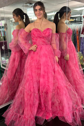Hot Pink Print Sweetheart A-Line Long Prom Dress VK23122002