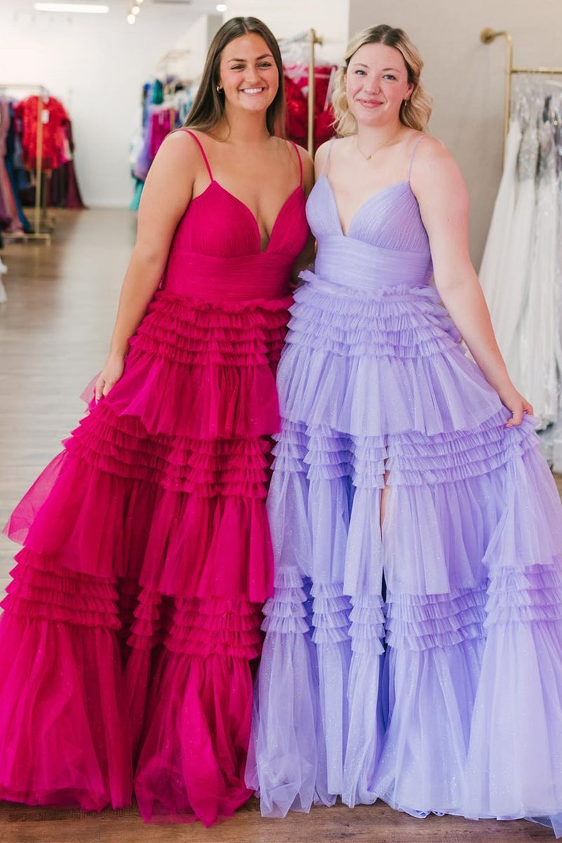 Green Tiered A Line V-Neck Tulle Long Prom Dress with Slit main image 1