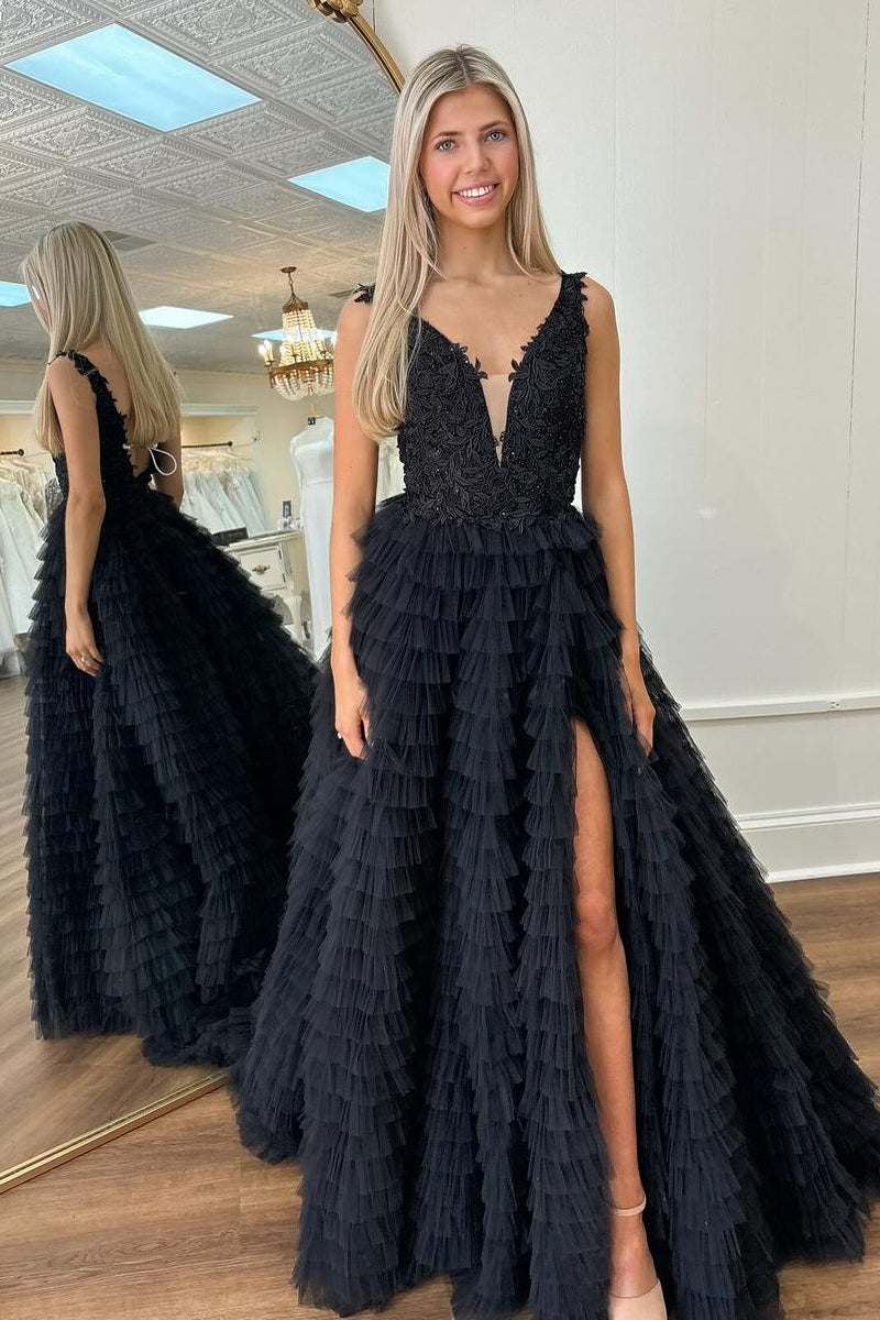 Black V-Neck Chiffon Long Prom Dress, Black Evening Dress with Slit main image 1