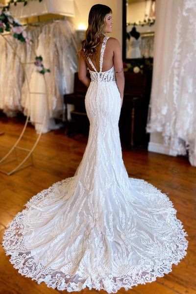 V Neck White Lace Mermaid Long Wedding Dress with Slit VK23062601