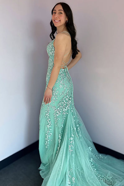 Mermaid Scoop Neck Mint Tulle Long Prom Dresses with Appliques VK25031804