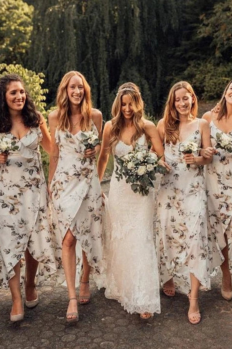 floral print bridesmaid dresses Simple Chiffon V-neck A-line Floral Printed Bridesmaid Dresses With Slit VK0321006 – Vickidress