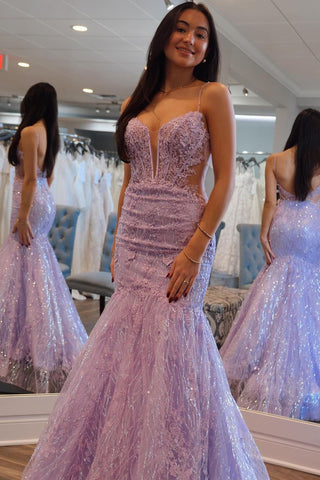 Mermaid Sweetheart Lilac Sequins Appliques Long Prom Dresses VK24022804