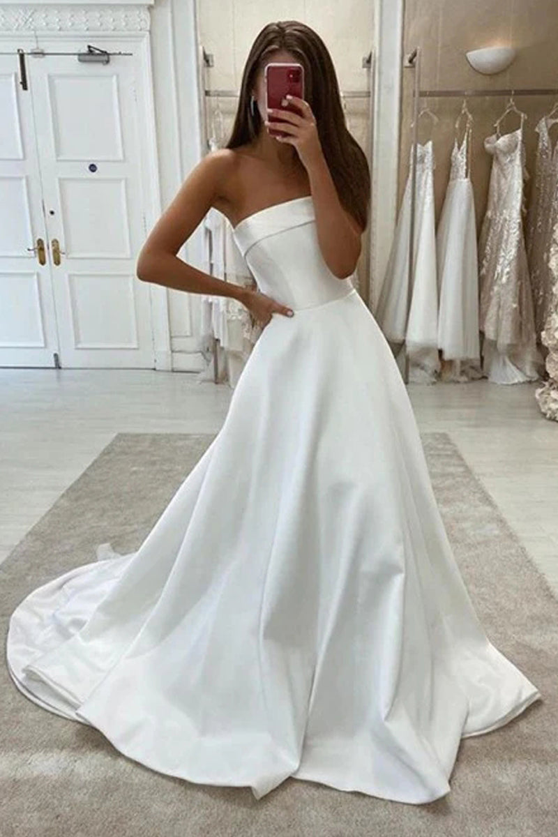 Free Shipping Simple Strapless A-Line White Satin Wedding Dresses