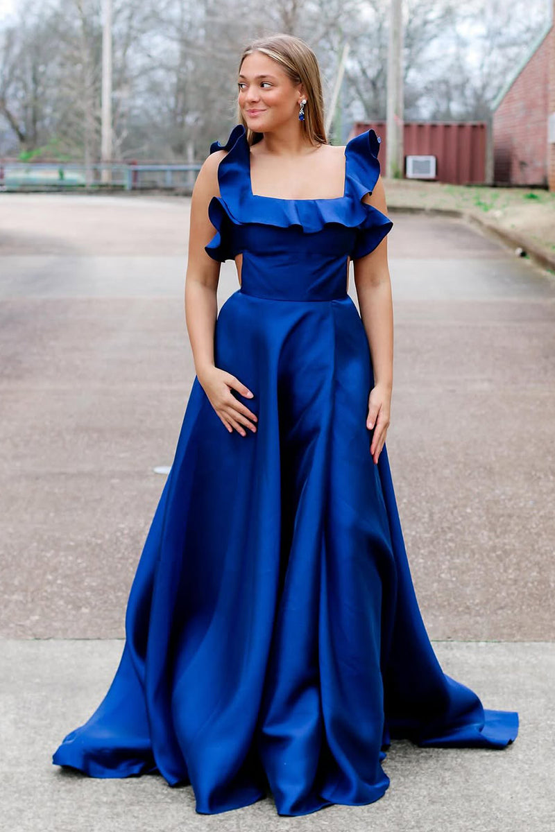 A Line V Neck Low Cut Royal Blue Satin Prom Dress With Beading LBQ3134 main image 0