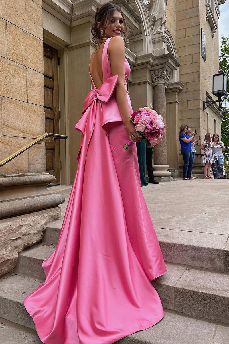 Cute Mermaid V Neck Pink Satin Long Prom Dresses with Big Bow