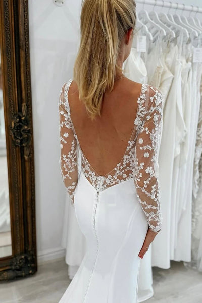 Elegant Mermaid V Neck Long Sleeves Wedding Dress with Lace VK25052511