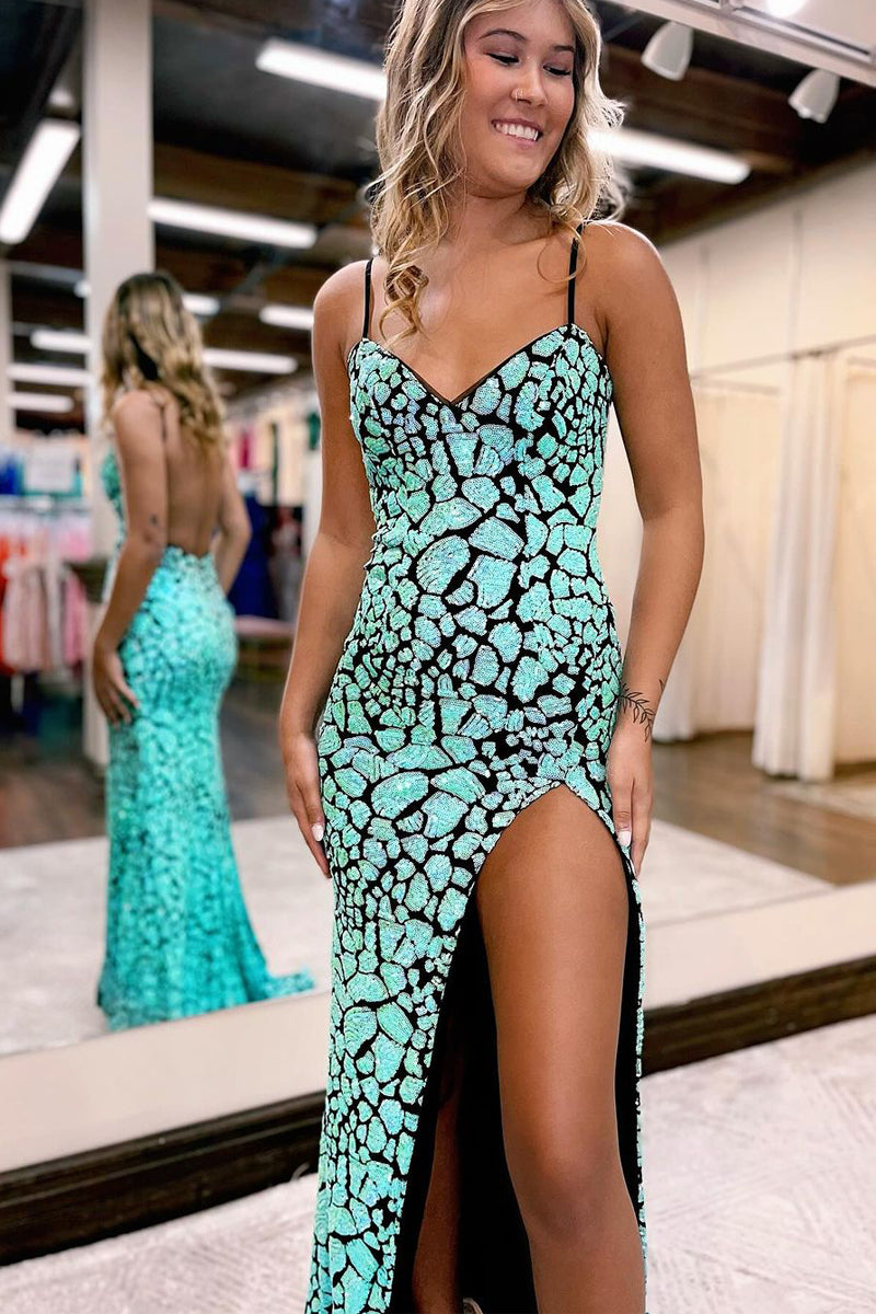 Spaghetti Straps Sheath Sequin Prom Dresses Mint Green Plus Size