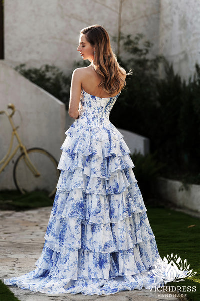 Fairy A Line Sweetheart Floral Printed Chiffon Tiered Prom Dresses with Slit VK24121009