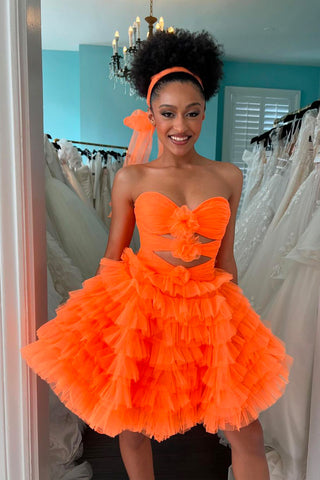 Orange Strapless Ruffle Tiered Tulle Short Homecoming Dress VK24050402