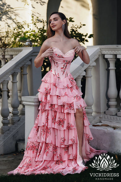 Fairy A Line Sweetheart Floral Printed Chiffon Tiered Prom Dresses with Slit VK24121009