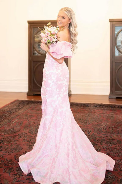 Mermaid Strapless Pink Floral Printed Long Prom Dresses with Sleeves VK25031610