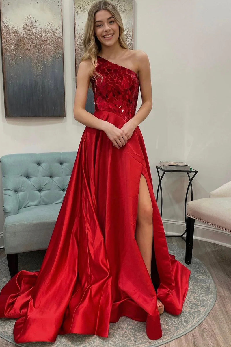 Cute A Line One Shoulder Beaded Satin Red Prom Dresses with Slit VK23011805  – Vickidress