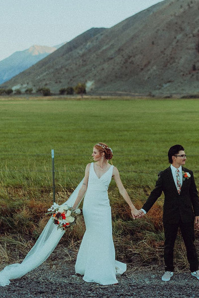 Elegant Mermaid V Neck Satin Long Wedding Dresses VK24101710