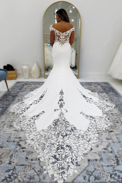 Mermaid Off the Neck Satin Long Wedding Dress with Appliques VK25060202