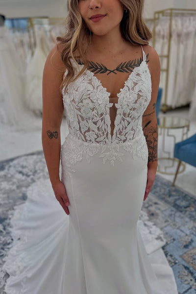 Mermaid V Neck White Satin Lace Wedding Dresses with Train VK021309