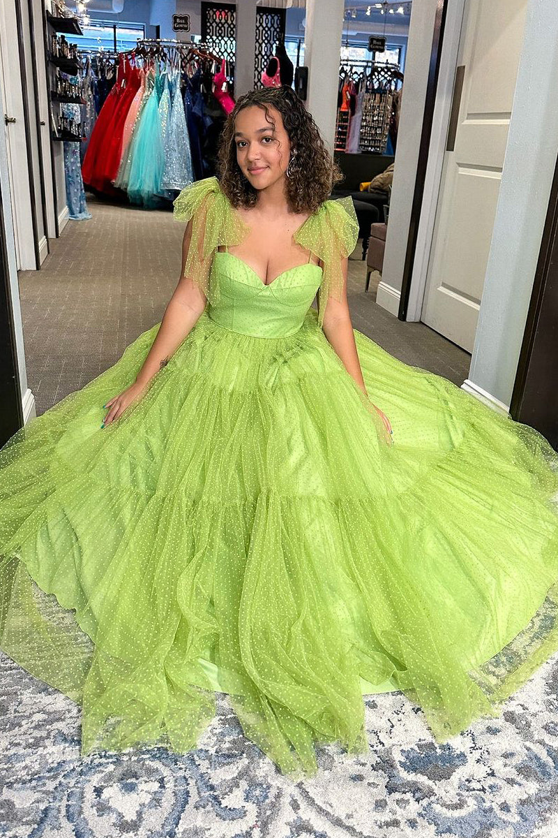 Sage Green Sweetheart Tulle Long Prom Dresses with Bow Tie VK24032203   Vickidress
