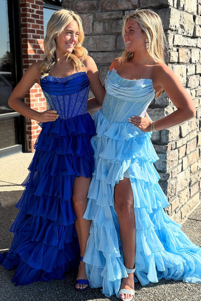 Ball Gown Strapless Royal Blue Ruffle Tiered Long Prom Dresses with Beadings VK25040101