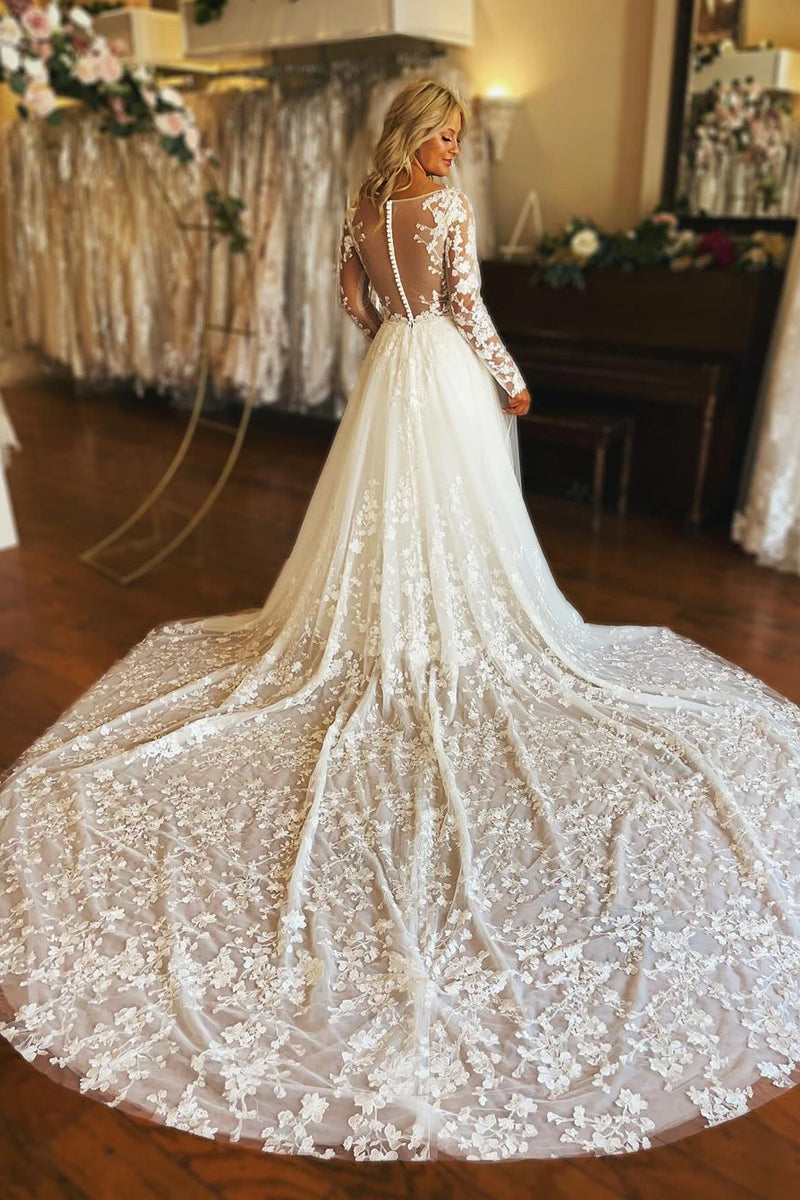 Gorgeous Long A-line V-neck Long Sleeves Lace Wedding Dresses with Train