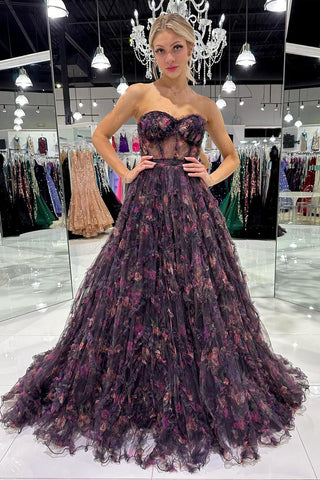 A-Line Strapless Floral Printed Ruffle Tulle Long Prom Dresses VK24030903