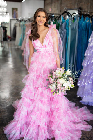 Pink Floral Printed V Neck Ruffle Tiered Long Prom Dresses VK24011405