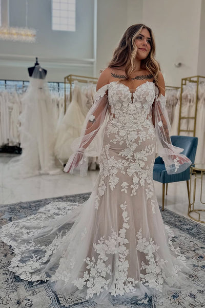 Mermaid Sweetheart Tulle Lace Wedding Dresses with Detachable Sleeves VK021402