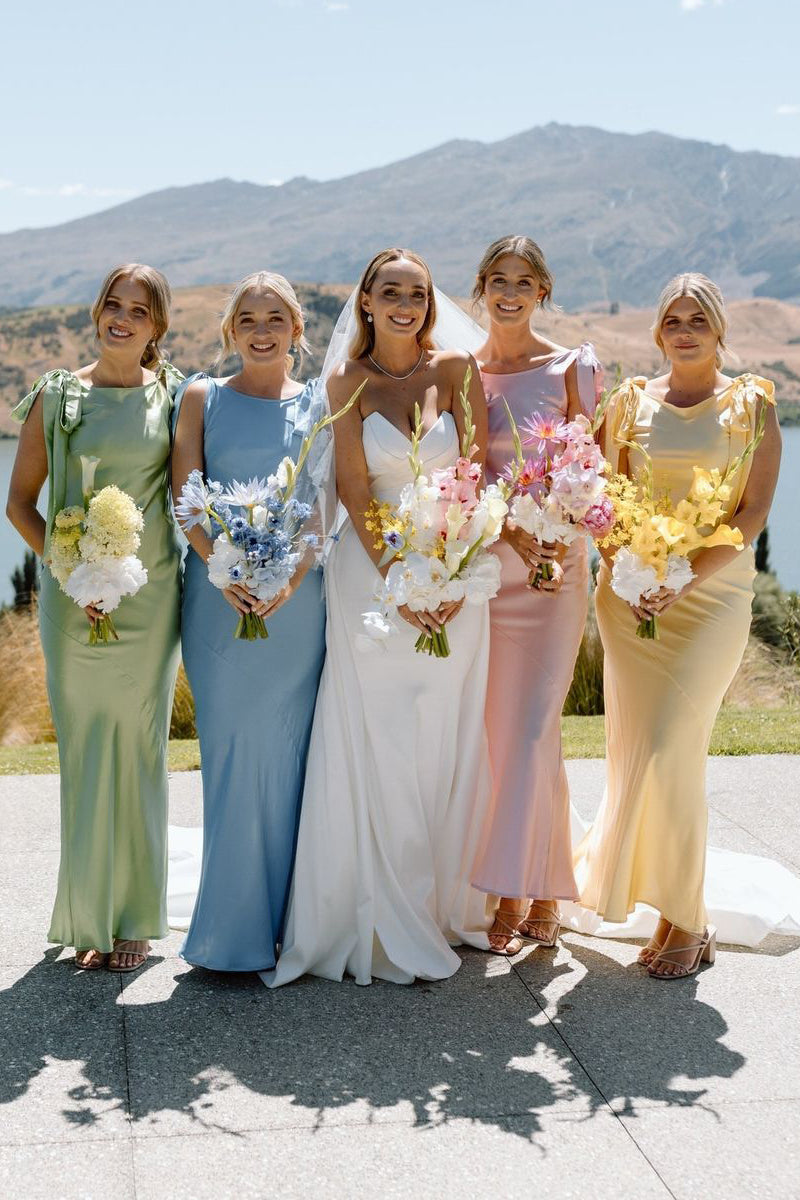 Sheath Bateau Neck Satin Ankle Length Bridesmaid Dresses with Slit VK23101507 – Vickidress