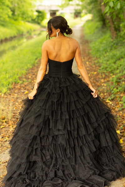 Cute A Line Sweetheart Black Dot Tiered Tulle Long Prom Dresses with Slit VK24102004