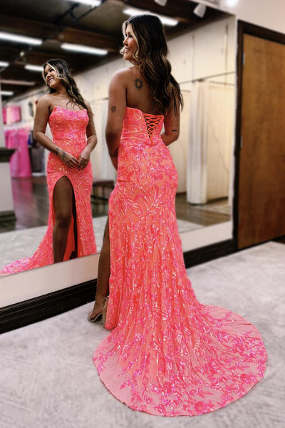 Coral Strapless Sequin Lace Mermaid Long Prom Dresses VK24010602
