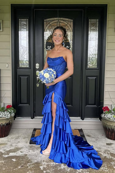 Cute Mermaid Scoop Neck Royal Blue Prom Dress with Slit VK25052508
