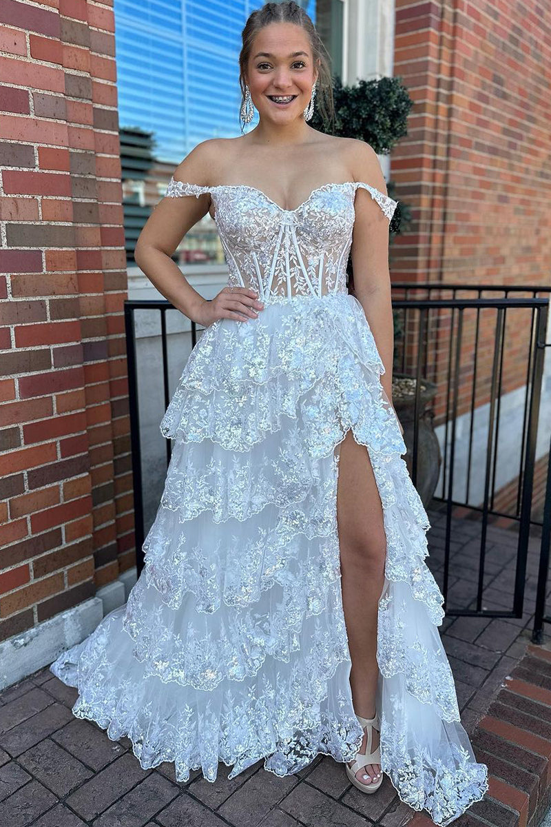 White Sequin Lace Off the Shoulder Tiered Long Prom Dresses with Slit VK23112209 Vickidress White Sequin Lace Off the Shoulder Tiered Long Prom Dresses with Slit VK23112209 Vickidress