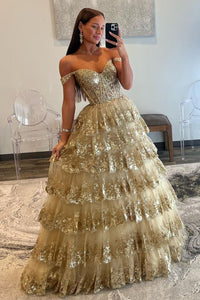 Ball Gown Off the Shoulder Gold Sequin Lace Prom Dress VK23102306