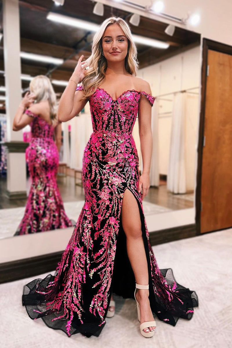 Off-The-Shoulder Mermaid Prom Dress with Slit Fuchsia