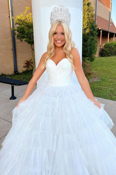 Fairy A Line V Neck Sparkly White Tiered Tulle Long Prom Dresses VK24101904