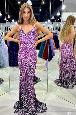 Unique Mermaid V Neck Purple Sequins Long Prom Dresses VK23101503