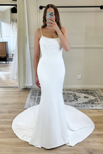 Charming Mermaid Scoop Neck Elastic Satin Long Wedding Dress with Beading VK25060902