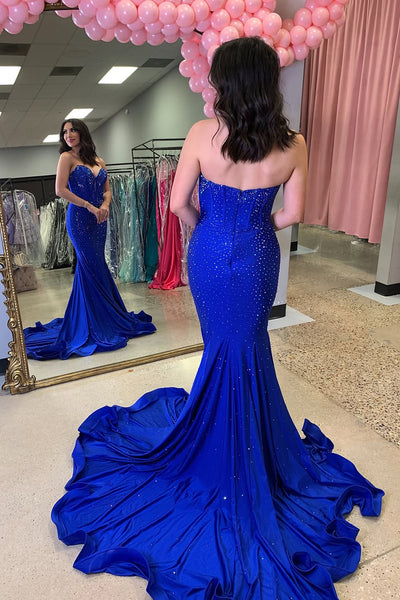 Mermaid Strapless Royal Blue Satin Long Prom Dresses with Beads VK25031102