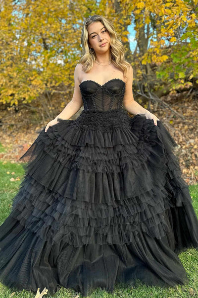 Black Sweetheart Tiered Tulle Long Prom Dresses VK23122902