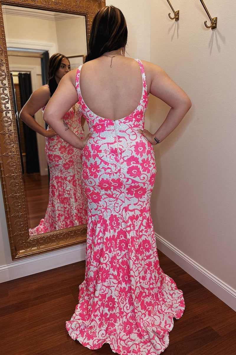 Pink V Neck Sequin Appliques Mermaid Long Prom Dresses VK24022105