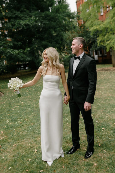 Fashion Simple Sheath Strapless Elastic Satin Long Wedding Dresses VK24101709