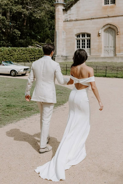 Charming Mermaid Off the Shoulder Stretch Satin Wedding Dress with Button VK25061104