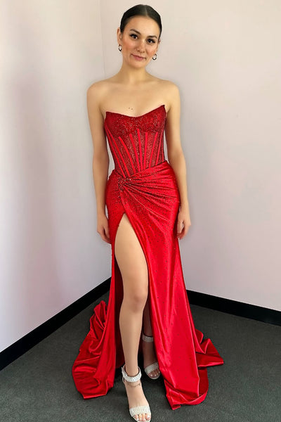 Cute Mermaid Sweetheart Satin Hot Stone Beading Prom Dress with Slit VK25012301