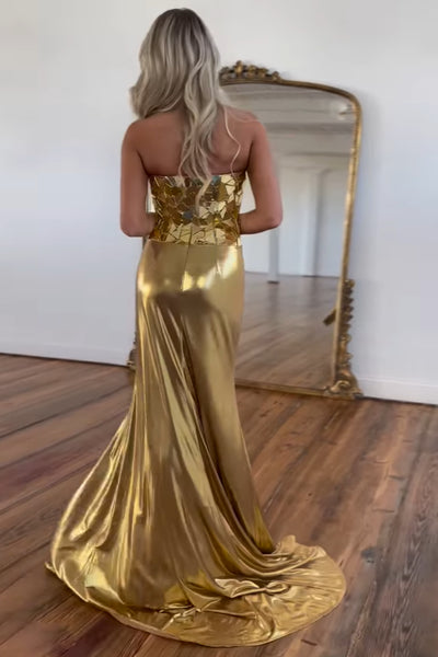 Charming Mermaid Scoop Neck Gold Beaded Long Prom Dresses with Slit VK24102007
