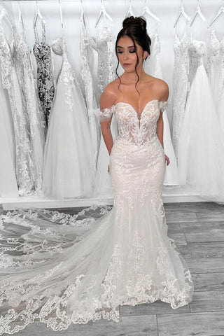 Exquisite Mermaid Off the Shoulder Tulle Wedding Dresses with Appliques VK24051002