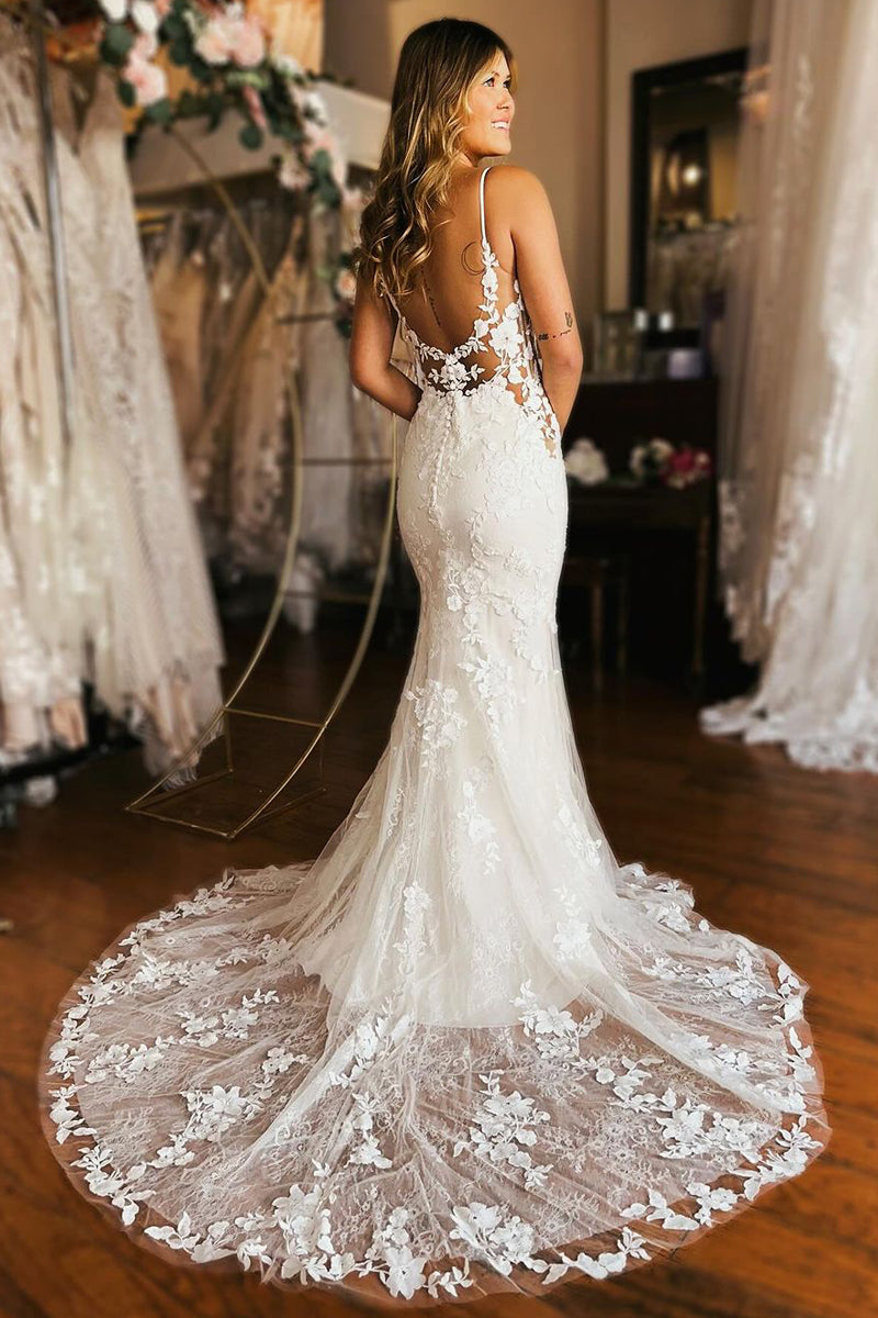 Mermaid V Neck Tulle Wedding Dresses with Lace Appliques VK021705