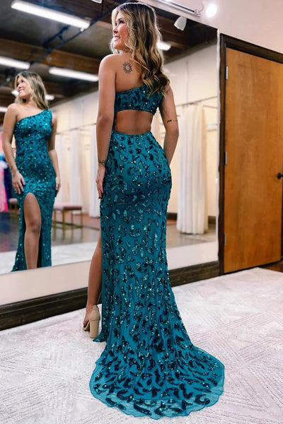 Sparkly Peacock Blue Sequins Mermaid One Shoulder Long Prom Dress with Slit VK23101610