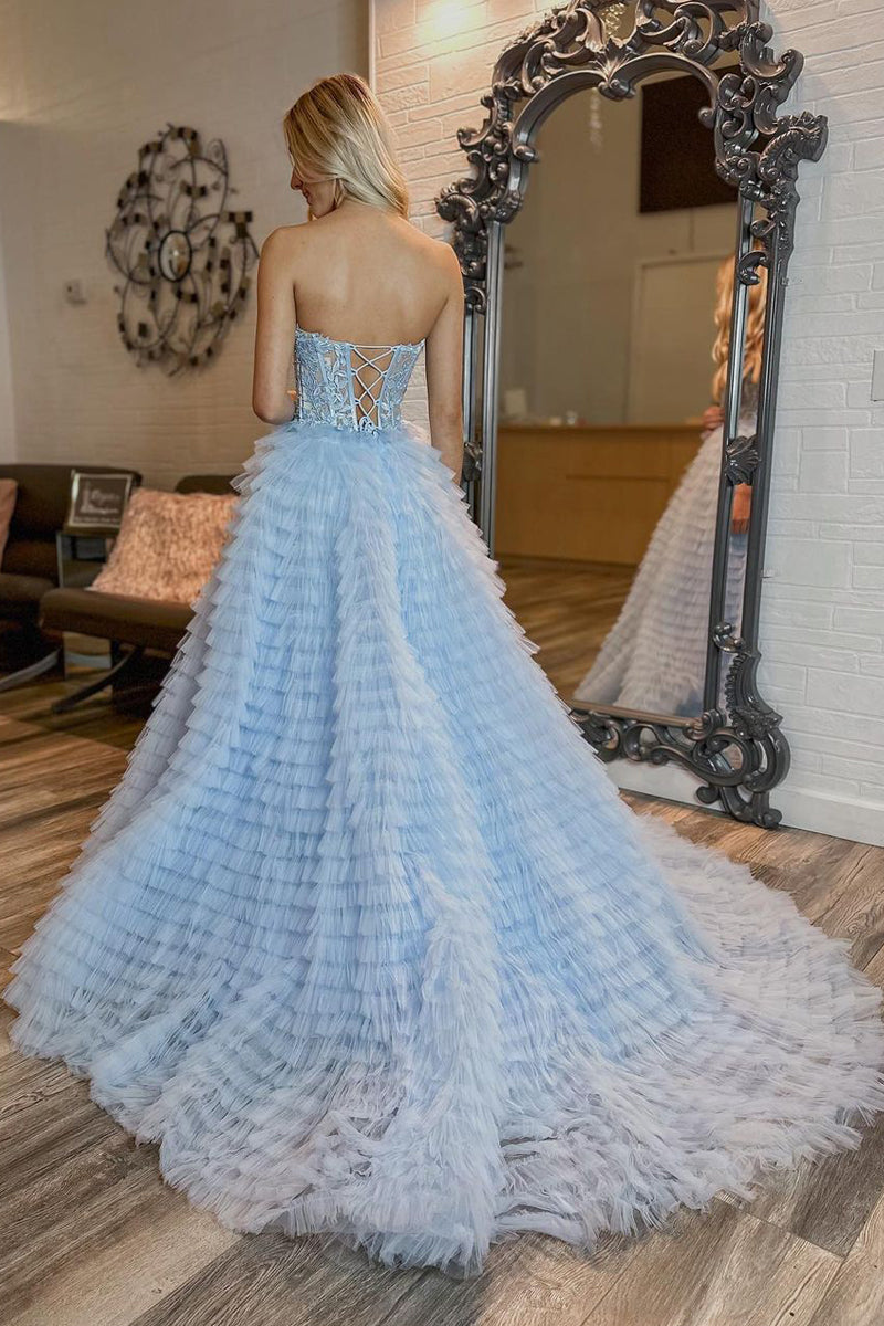 Light Blue Strapless Ruffle Tiered Tulle Long Prom Dresses with Appliques  VK24012201 – Vickidress