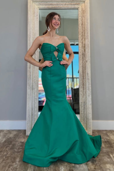 Mermaid Strapless Green Satin Keyhole Long Prom Dresses VK25032005