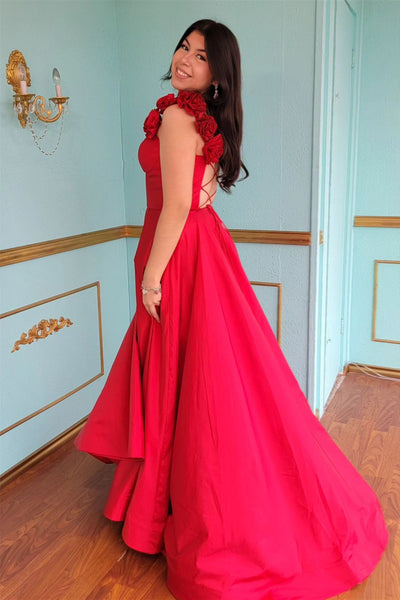 Red Floral Straps A-line Satin Long Prom Dress with Slit VK23112705
