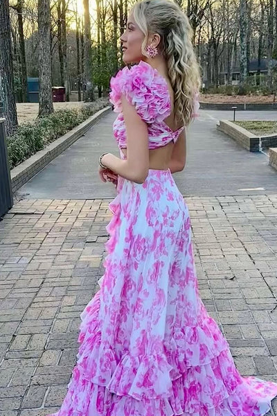 A-Line V Neck Pink Floral Printed Long Prom Dresses with Ruffle Slit VK25031807